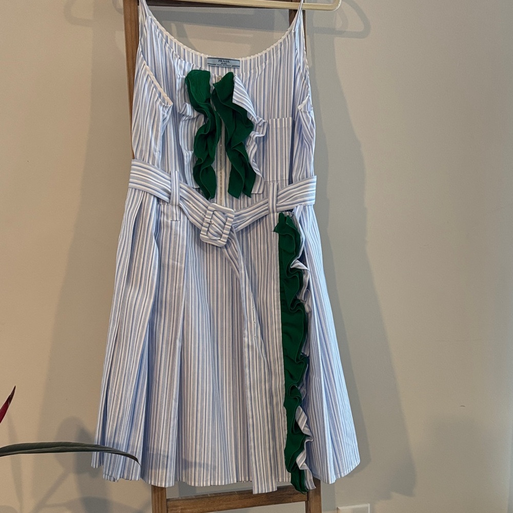 Prada Blue Striped Dress with Green Ruffle